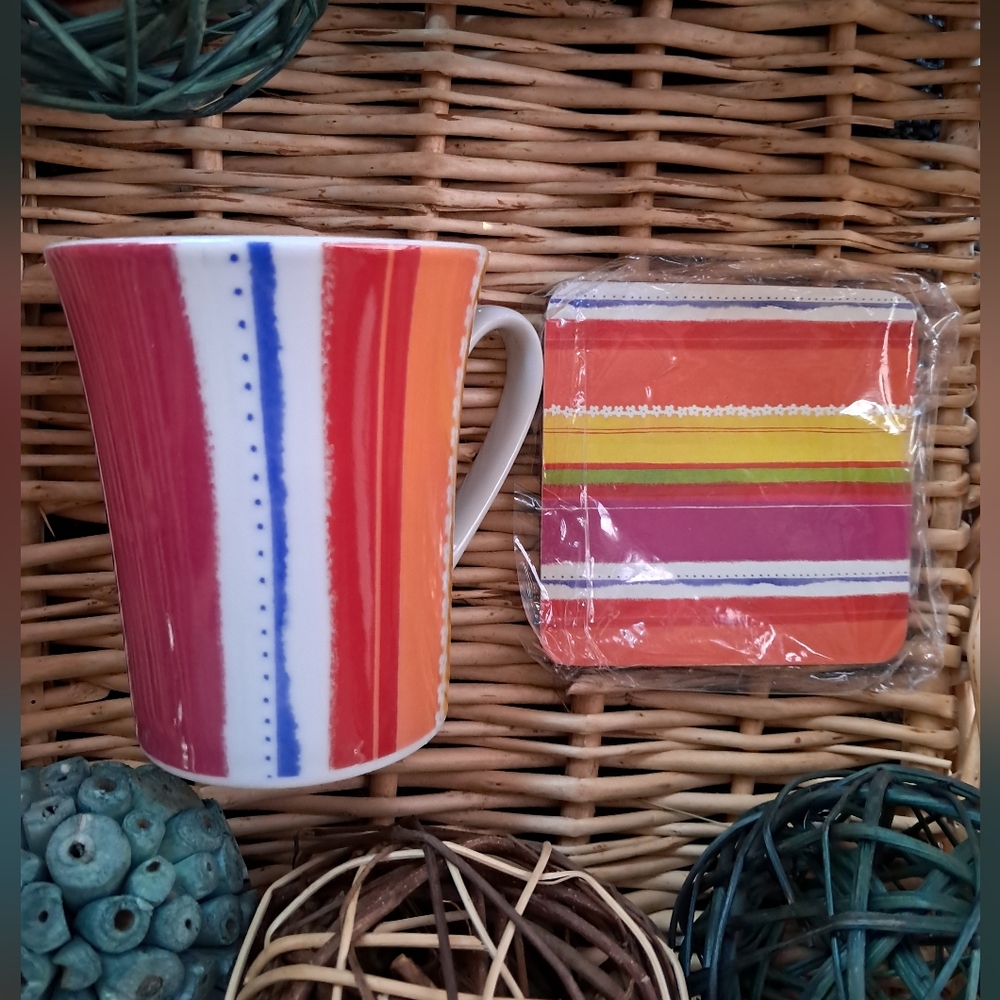 NIB 3 Piece Mug & Coaster Set by Bath & Beyond Moody Stripes Gift Box New